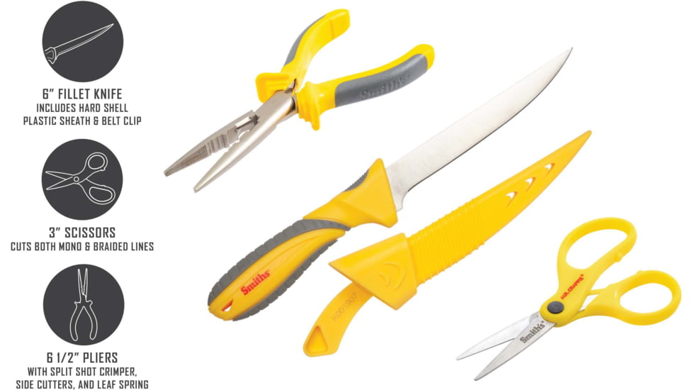 Smiths Mr. Crappie Fishing Combo, 6in, 400 Stainless Steel, Fixed Fillet Plain Blade, TPE Yellow/Gray Handle, 51232