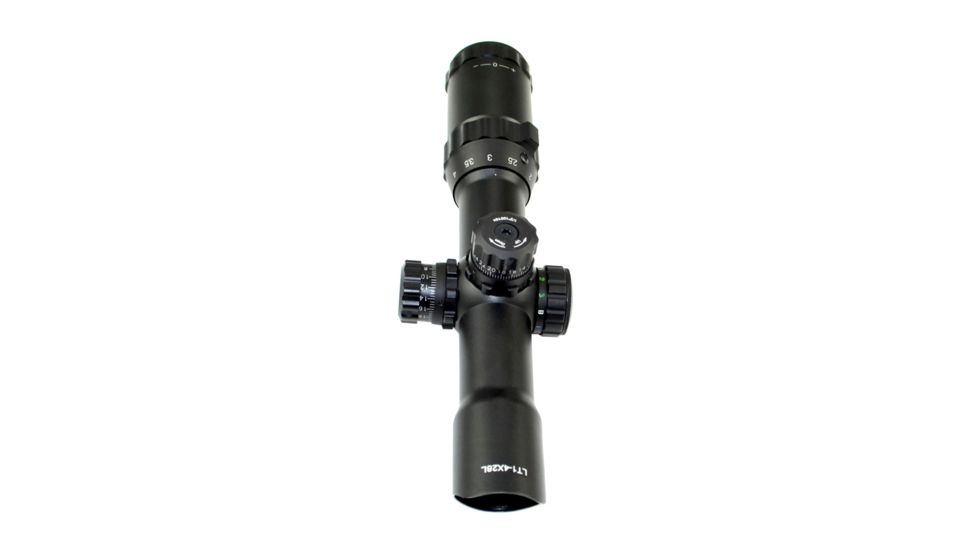 Sniper 1-4X28mm Rifle Scope QTA W/E, RGB Tri-Illumination Etched Horseshoe Glass Reticle w/ 5 in Eye relief, Black LT1-4x28LT