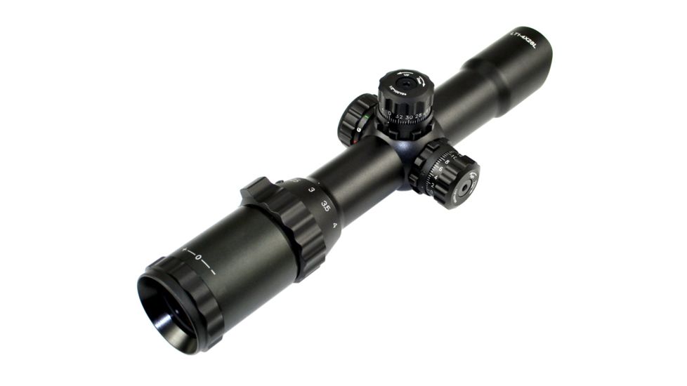 Sniper 1-4X28mm Rifle Scope QTA W/E, RGB Tri-Illumination Etched Horseshoe Glass Reticle w/ 5 in Eye relief, Black LT1-4x28LT