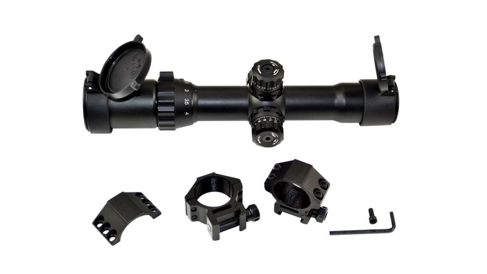 Sniper 1-4X28mm Rifle Scope QTA W/E, RGB Tri-Illumination Etched Horseshoe Glass Reticle w/ 5 in Eye relief, Black LT1-4x28LT