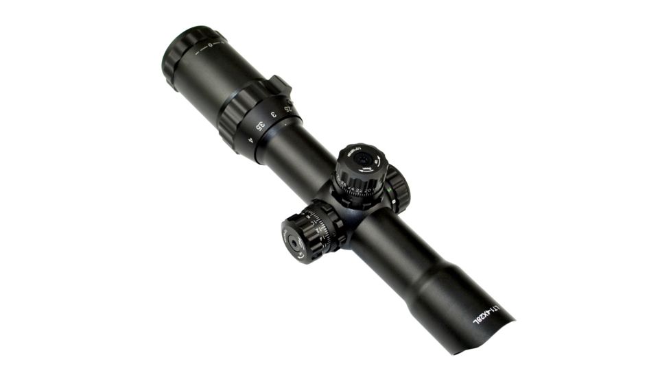 Sniper 1-4X28mm Rifle Scope QTA W/E, RGB Tri-Illumination Etched Horseshoe Glass Reticle w/ 5 in Eye relief, Black LT1-4x28LT