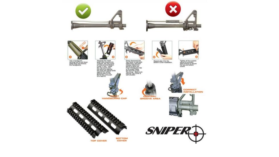 Sniper 2 Piece Drop In Quad Rail Handguard, 6.7 in Carbine Length w/ Extended Top Rail, Black, For .223 And 5.56, Fits 6.75 in To 7 in MQRSLX