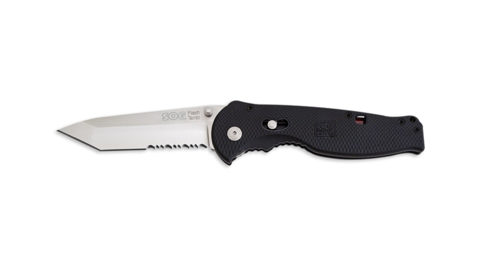 SOG Flash II Tanto Knife w/ PS Fold 3.5in. Steel Blade and Black Handle, Satin Finish, Black FSAT98-CP