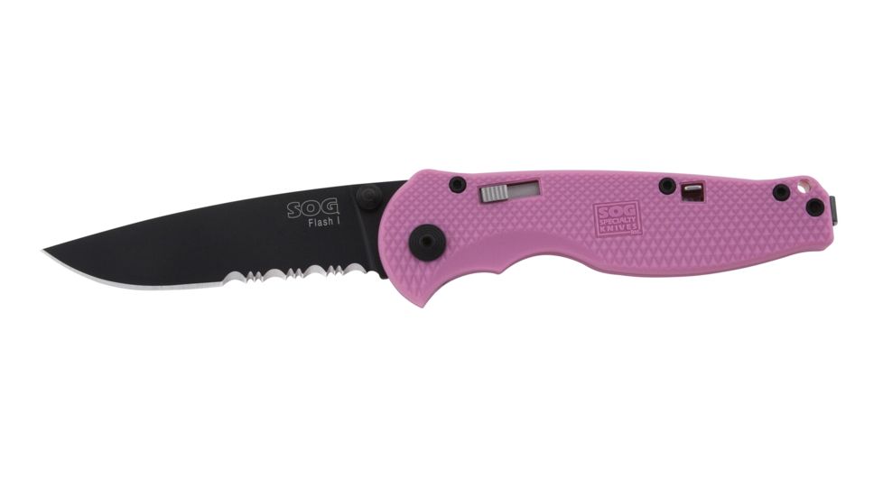 SOG Knives PTFSA-97 Flash I - Partially Serrated Black TiNi Pink Handle Folding Knife