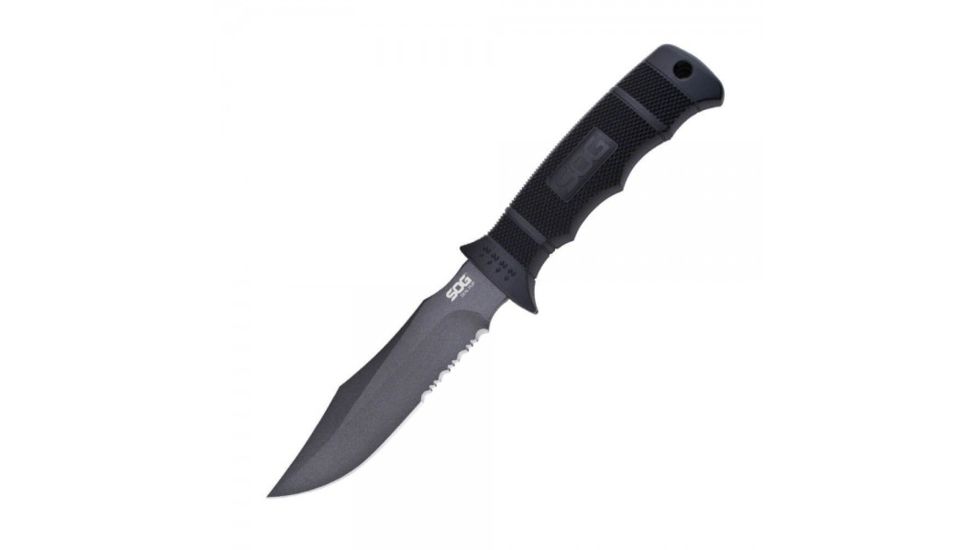 SOG SEAL Pup 9 inch Fixed Blade Knife, Partially Serrated Edge, Clip Point, AUS-8, Powder Coated Black Blade, Black Handle, Ballistic Nylon Sheath, M3N-CP