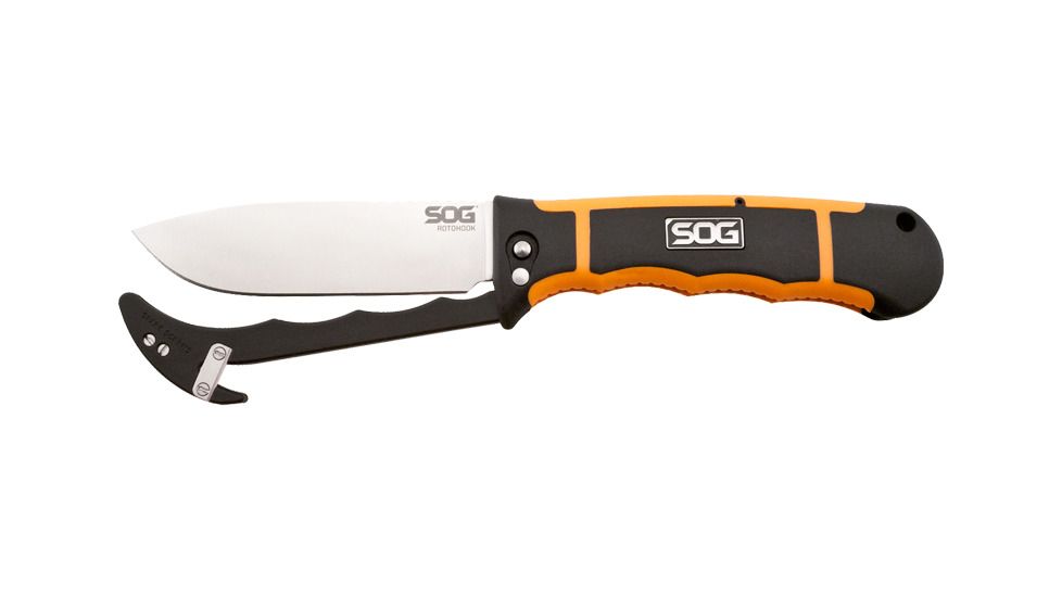 SOG Specialty Knives &amp; Tools 4.5 in. RotoHook Straight-Edge Fixed Steel Drop Point Blade Knife and Guthook, Satin Finish, Orange HT101L-CP