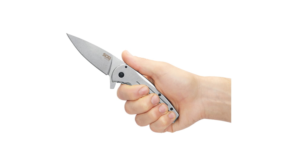 SOG Specialty Knives &amp; Tools Aegis FLK Folding Knife, 3.38in, 8Cr13MoV Stainless Steel, Clip Point Blade, Silver, Stainless Steel Handle, Grey/Grey, SOG-14-41-02-42