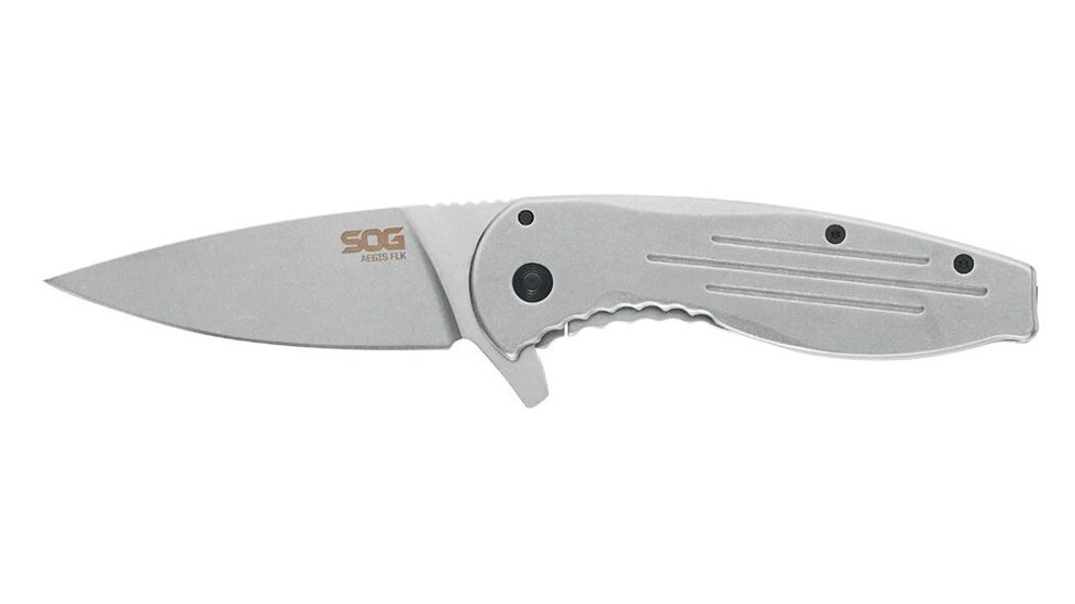 SOG Specialty Knives &amp; Tools Aegis FLK 3.38in Folding Knife, Stonewashed Drop Point Blade, Stainless Steel, 14-41-02-42