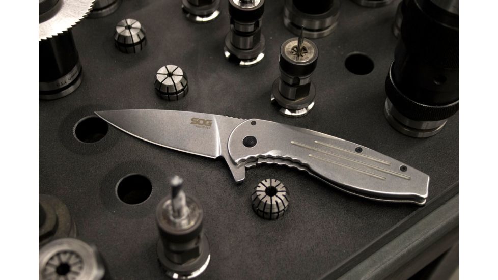 SOG Specialty Knives &amp; Tools Aegis FLK 3.38in Folding Knife, Stonewashed Drop Point Blade, Stainless Steel, 14-41-02-42