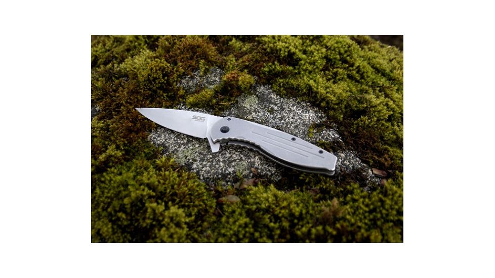 SOG Specialty Knives &amp; Tools Aegis FLK 3.38in Folding Knife, Stonewashed Drop Point Blade, Stainless Steel, 14-41-02-42