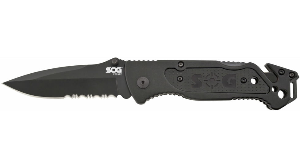 SOG Specialty Knives &amp; Tools Escape Folding Knife, 3.4in, 9Cr18MoV Blade, Clip Point, Black, Anodized Aluminum 6061-T6 Handle, Hardcased Black Finish, SOG-FF25-CP