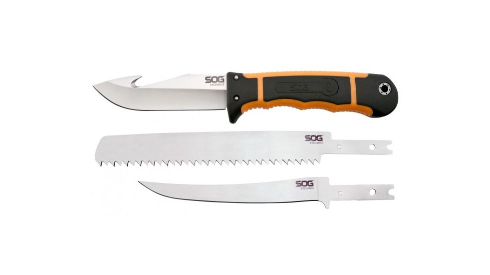 SOG Specialty Knives &amp; Tools Exchange Interchangeable Fillet Fixed Knife, Skinning and Saw 4.3 in. Steel Blades, Satin Finish, Orange HT201N-CP