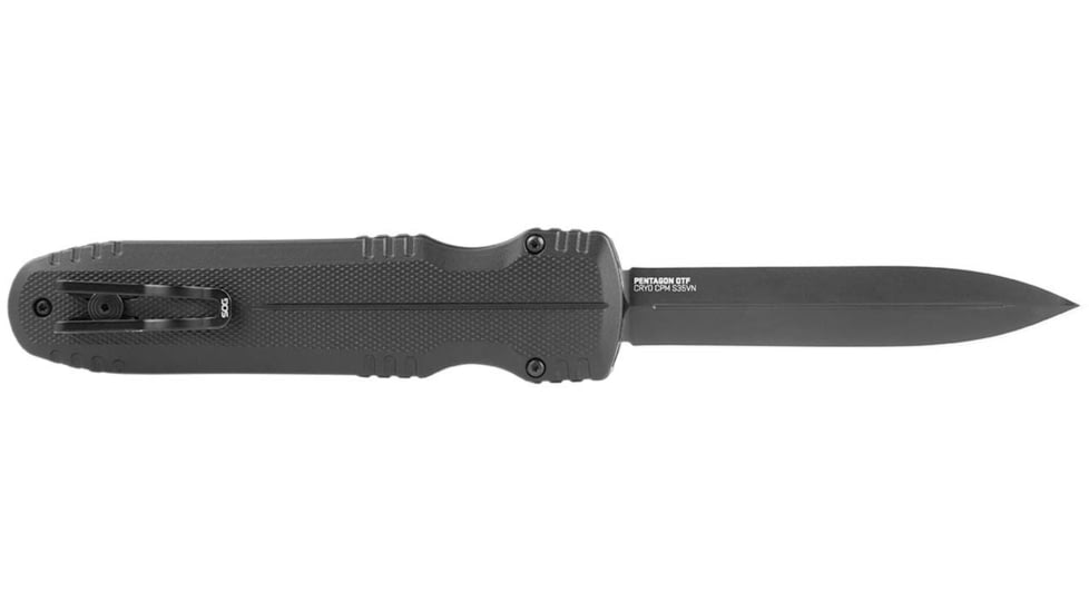 SOG Specialty Knives &amp; Tools Pentagon Blackout OTF Automatic Folding Knife, 3.75in, S35VN Stainless, Spear Point Blade, Black TiNi, Black Aluminum Handle, 15-61-01-57