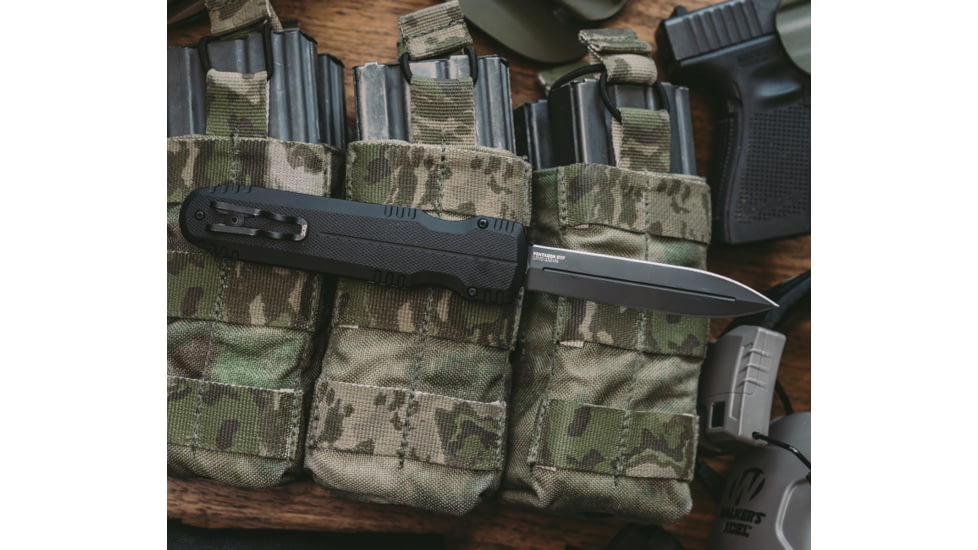 SOG Specialty Knives &amp; Tools Pentagon Blackout OTF Automatic Folding Knife, 3.75in, S35VN Stainless, Spear Point Blade, Black TiNi, Black Aluminum Handle, 15-61-01-57