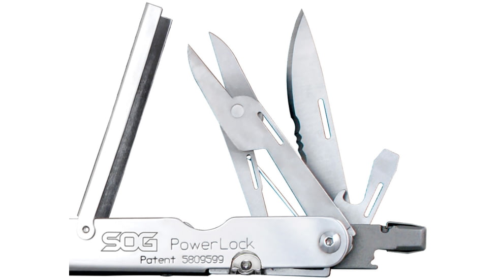SOG Specialty Knives &amp; Tools PowerLock Multiool Scissors w/ Nylon Sheath, Satin Finish, Silver, SOG-S60N-CP