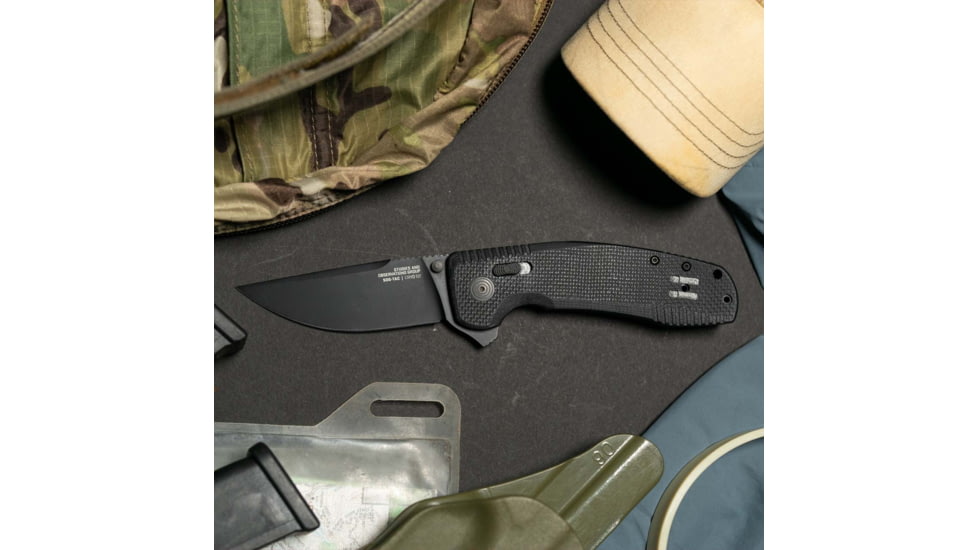 SOG Specialty Knives &amp; Tools Tac XR Blackout Automatic Folding Knife, D2 Tool Steel, Partially Serrated, Black TiNi, Black Anodized Aluminum Handle, 12-38-01-57