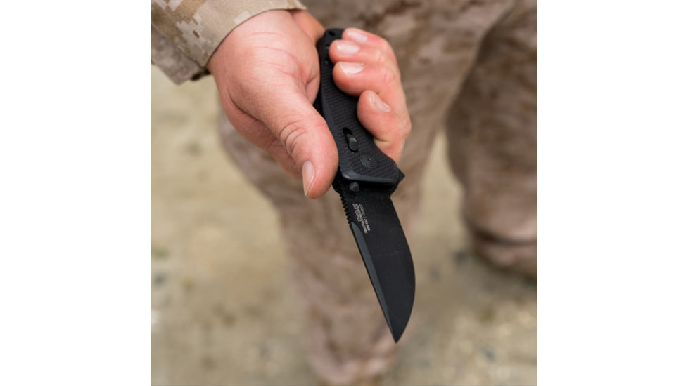 SOG Specialty Knives &amp; Tools Tac XR Blackout Automatic Folding Knife, D2 Tool Steel, Partially Serrated, Black TiNi, Black Anodized Aluminum Handle, 12-38-01-57