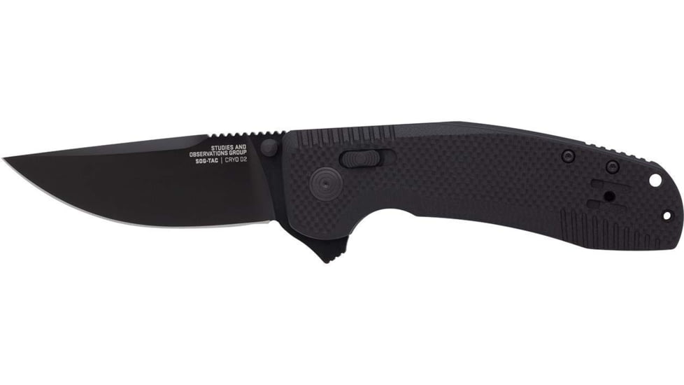 SOG Specialty Knives &amp; Tools Tac XR Blackout Automatic Folding Knife, D2 Tool Steel, Partially Serrated, Black TiNi, Black Anodized Aluminum Handle, 12-38-01-57