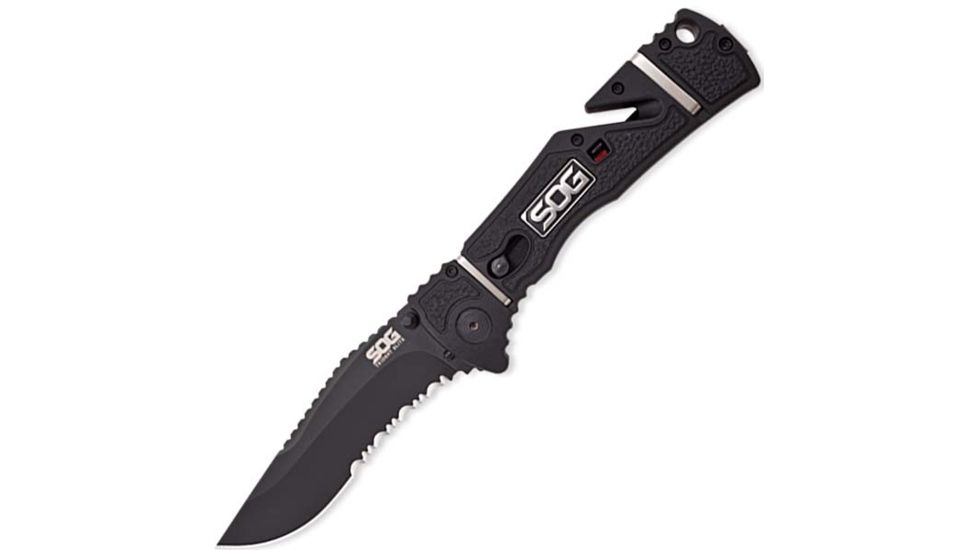 SOG Trident Elite Folding Knife, 3.7in, Black Handle, Black Tanto ComboEdge, Box, SOGTF106-BX