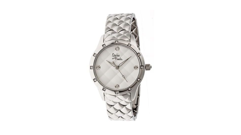 Sophie And Freda SF3204 Lancaster Ladies Watch, Silver Metal Band, Silver Diamond Encrusted Case, White Face SAFSF3204