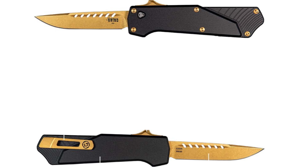 Southern Grind Arachnid Automatic Folding Knife, 3.2 in, S35VN Steel, Drop Point Plain Blade, Bronze, Black 7075-T6 Aluminum Handle, SG12031020