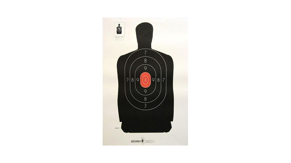 Speedwell Targets Official NRA Police Qualification Silhouette 25 yd. Police Silhouette Reduced - Red Center, Pack of 100 Targets, B 34 G