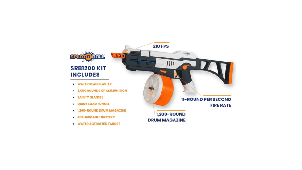 SPLAT R Ball SRB1200 Full Auto Electric Rechargeable Soft Water Bead Blaster Kit, White/Black/Orange, 950003