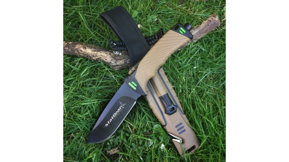 StatGear Surviv-All Outdoor Camping Knife w/ Firestarter &amp; Sharpening Stone, 4.25in, 440 Stainless Steel, Full Tang, Rubber, Brown, 99416