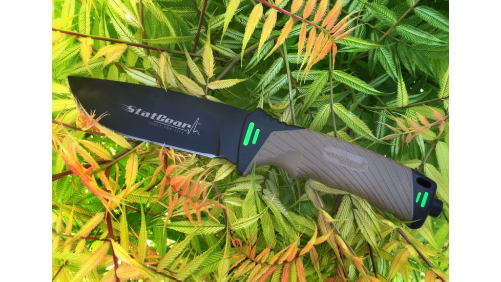 StatGear Surviv-All Outdoor Camping Knife w/ Firestarter &amp; Sharpening Stone, 4.25in, 440 Stainless Steel, Full Tang, Rubber, Brown, 99416