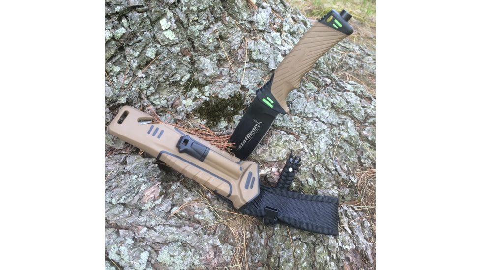 StatGear Surviv-All Outdoor Camping Knife w/ Firestarter &amp; Sharpening Stone, 4.25in, 440 Stainless Steel, Full Tang, Rubber, Brown, 99416
