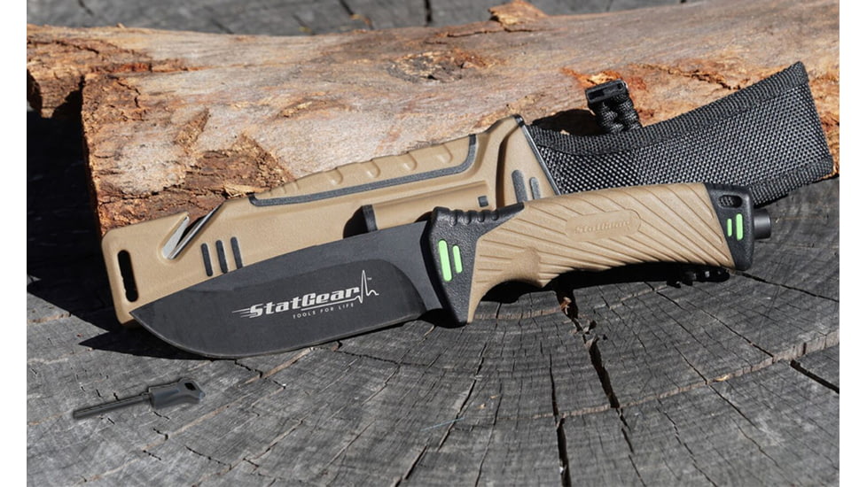 StatGear Surviv-All Outdoor Camping Knife w/ Firestarter &amp; Sharpening Stone, 4.25in, 440 Stainless Steel, Full Tang, Rubber, Brown, 99416