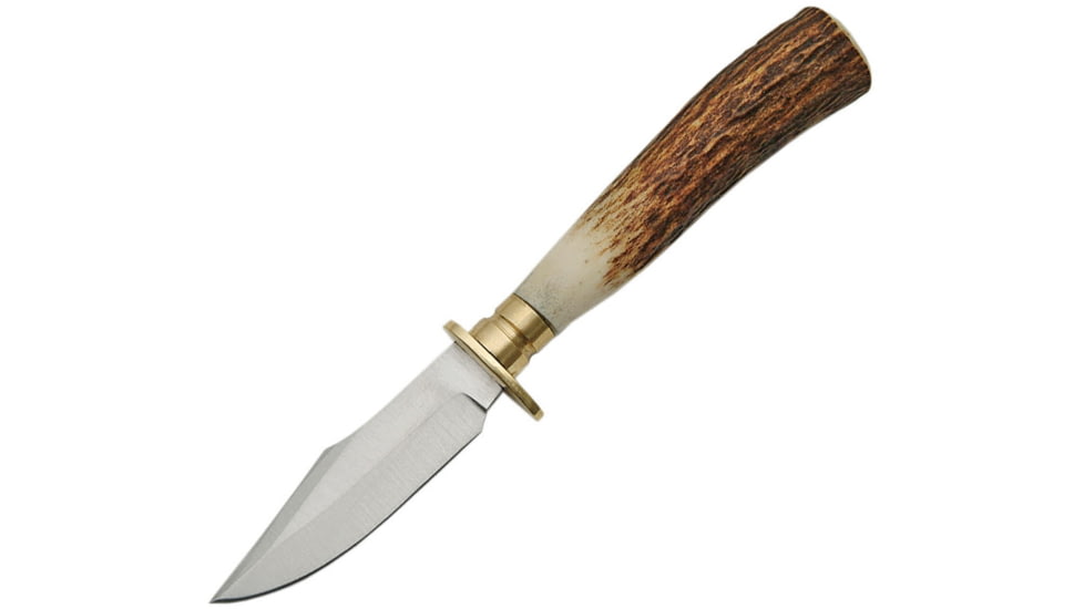 Steel Stag Mini Hunter Stag Knife, 5 1/2in Overall, 2 1/4in SS Drop Point, Stag Bone Handles With Brass Guard, Brown Leather Sheath, SS7023