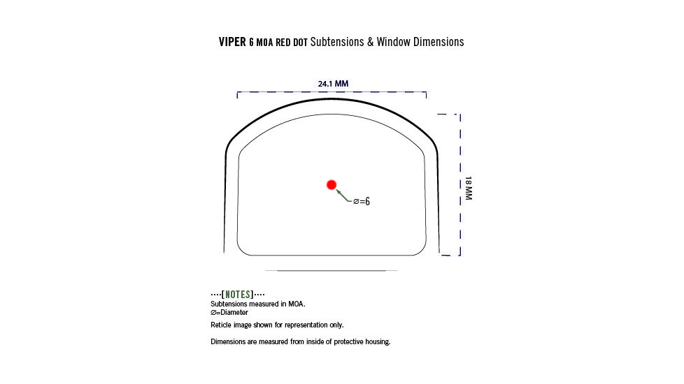 Vortex Viper 6 MOA Red Dot Sight Reticle Subtensions and Window Dimension