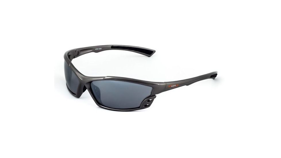 Survival Optics Sunglasses Wraps/Viper Sunglasses, Metallic Gray/Black Nose and Tip Pads Frame, SOS Logo, Pc Decenter Smoke-fm Lens 3231