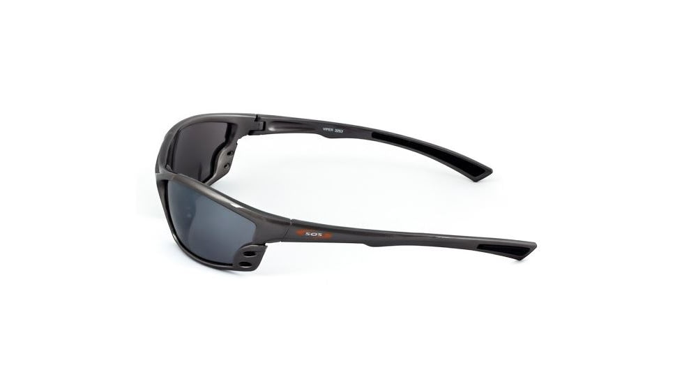 Survival Optics Sunglasses Wraps/Viper Sunglasses, Metallic Gray/Black Nose and Tip Pads Frame, SOS Logo, Pc Decenter Smoke-fm Lens 3231