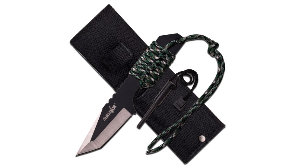 Survivor Fixed Blade, 7in, Stainless Steel Blade, Full Tang 2 Tone Green Paracord Wrapped Handle HK-106320DG