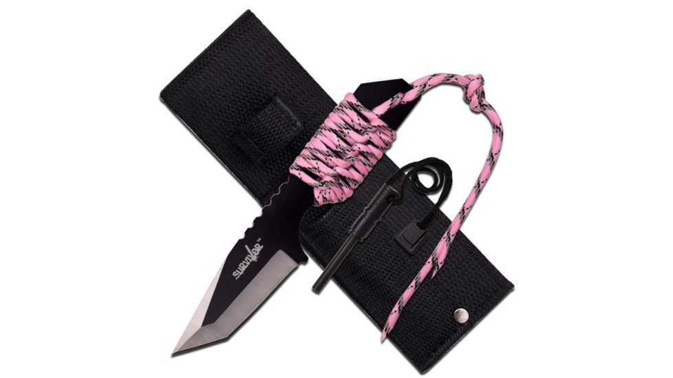 Survivor Fixed Blade, 7in, Stainless Steel Blade, Full Tang 2 Tone Pink Paracord Wrapped Handle HK-106320PK