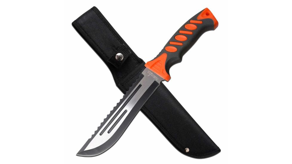 Survivor SV-FIX004ST Fixed Blade Knife, 7in, 3CR13 Stainless Steel, Machete, Black/Steel Blade, Nylon Fiber/Rubber Handle, Orange, SV-FIX004ST
