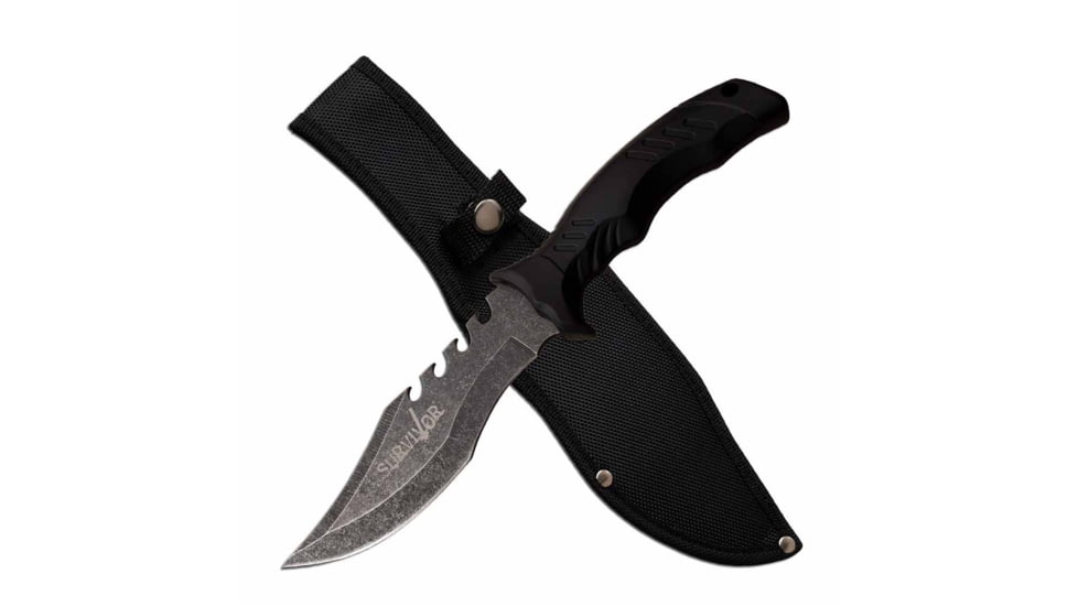 Survivor SV-FIX007SW Fixed Blade Knife, 6in, 3CR13 Stainless Steel, Clip Point, Stonewashed Blade, Rubber Handle, Black, SV-FIX007SW