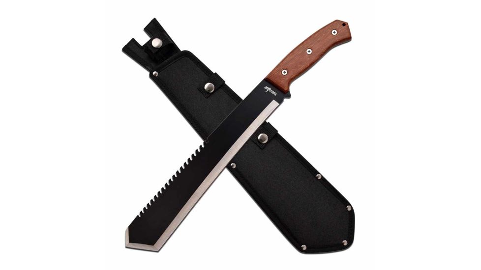 Survivor SV-MHT002W Machete, 14in, 3CR13 Stainless Steel, Tanto, Steel/Black Blade, Pakkawood Handle, Brown, SV-MHT002W