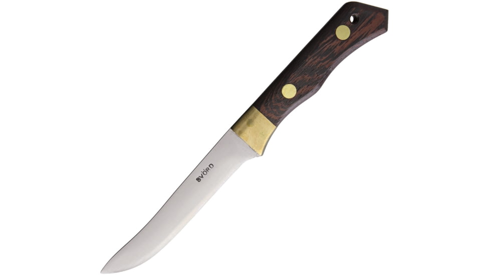 Svord Utility General Purpose Knife, 9.25in Overall, 4.63in Satin 15N20 Steel Blade, Brown Wood Handle, Brass Guard, Black Leather Sheath, UGP