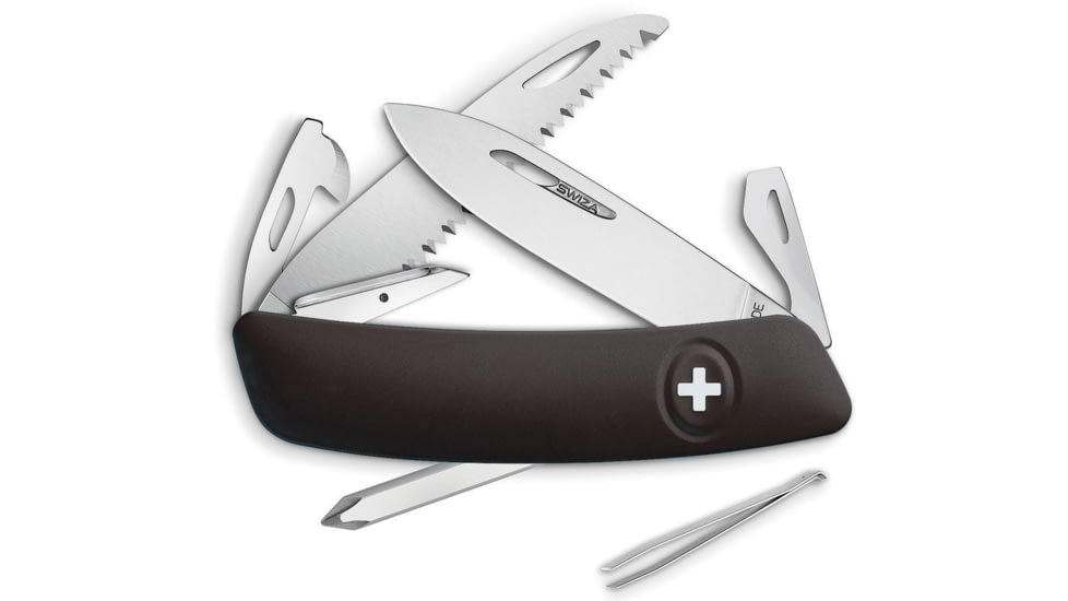 Swiza D06 Swiss Button Lock Folding Knife, D06 Swiss Button Lock, 3.75in Closed, 2.75in Mirror 440 SS Blade, Black Rubberized Handle, Thumb Pull, KNI.0060.1010