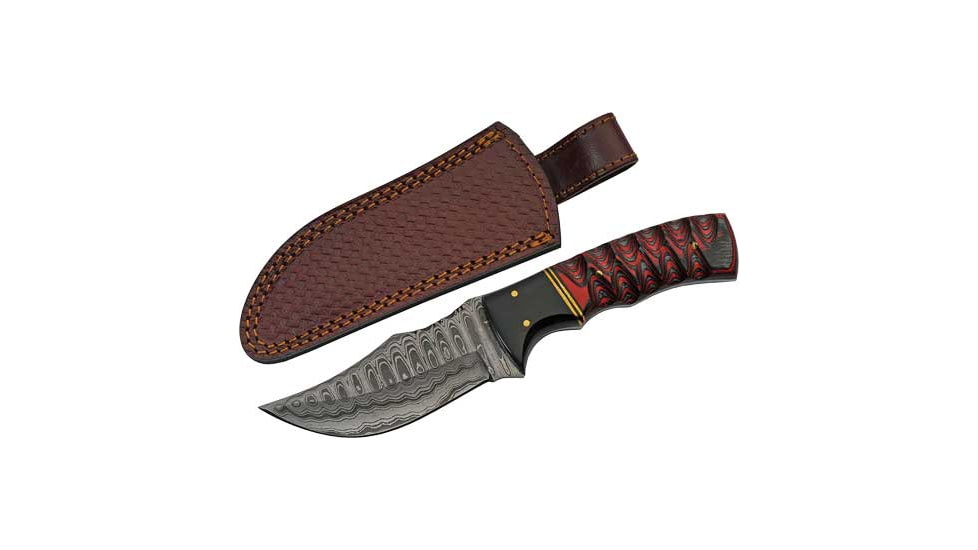 Rite Edge Buffalo Horn/Twisted w/Sheath Fixed Blade Knife, 4in, Damascus, Red/Black Wood, DM1288