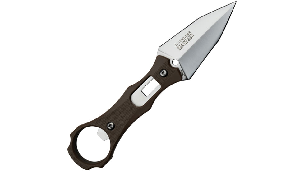 TAC Force Brown 2.5in Fixed Blade Knife, 6.5in Overall, 2.5in Satin Double Edge SS Spear Point Blade, Brown Nylon Handle, Plastic Sheath, TF-FIX020BR