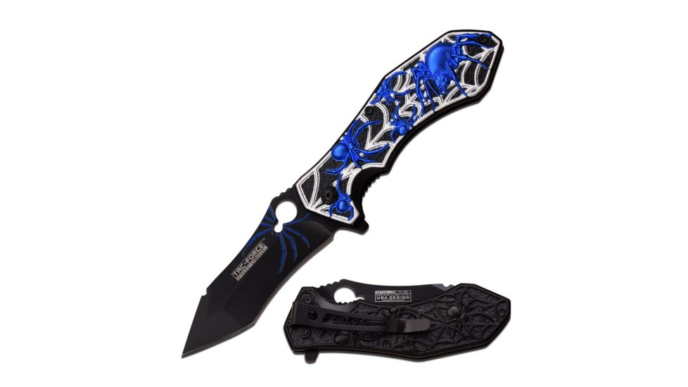 TAC Force Folding Blade, 3.5in, Stainless Steel Blade, Black Background W/Blue Spider &amp; Silver Web Aluminum Handle, TF-898BL