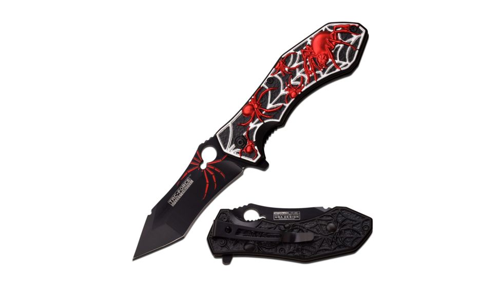 TAC Force Folding Blade, 3.5in, Stainless Steel Blade, Black Background W/Red Spider &amp; Silver Web Aluminum Handle, TF-898BR