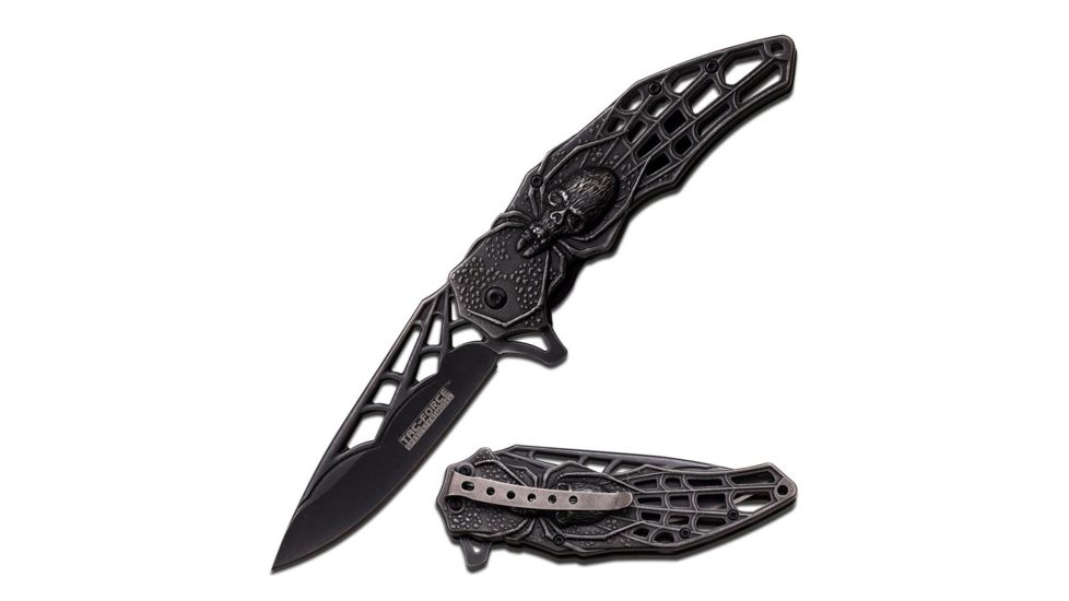 TAC Force Folding Blade, 3.75in, Stainless Steel Blade, Black Stonewashed Stamped Spider Web Handle TF-856SW