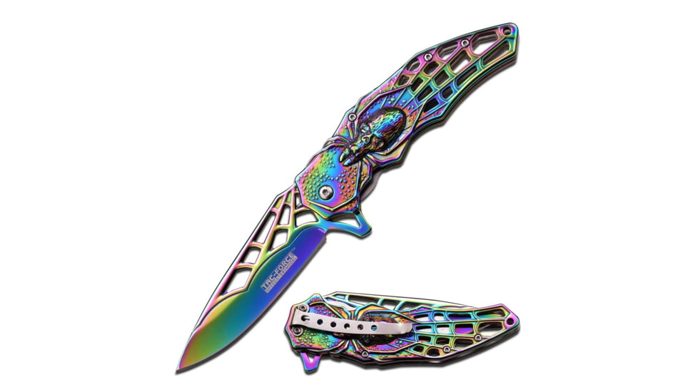 TAC Force Folding Blade, 3.75in, Stainless Steel Blade, Rainbow Titanium Coated Stamped Spider Web Handle TF-856RB