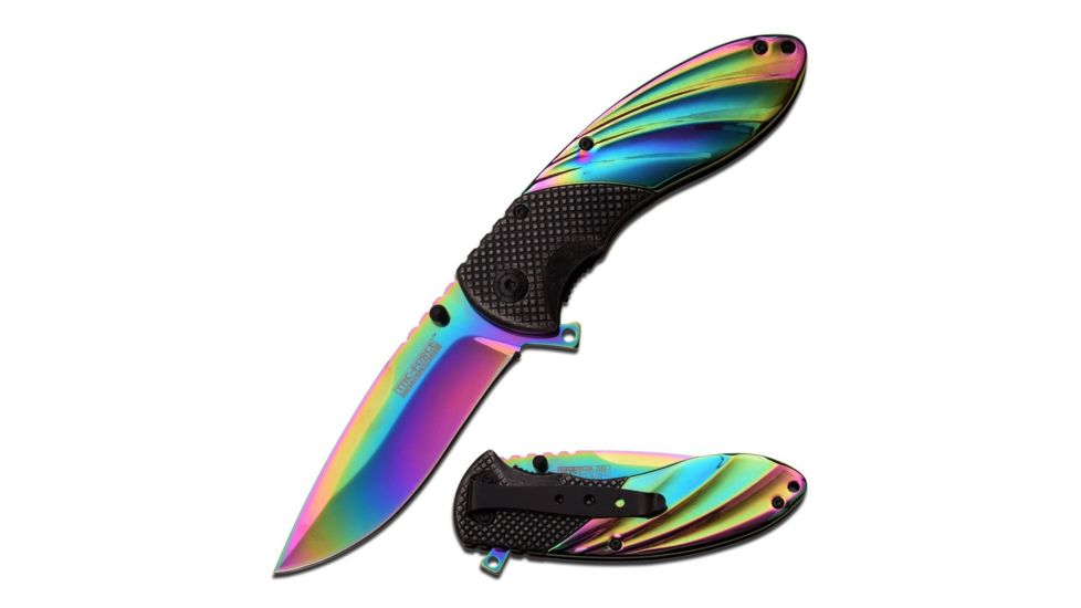 TAC Force Folding Blade, 3.7in, Stainless Steel Blade, Stonewash Stainless Steel And Rainbow Ti-Coated Handle TF-911RB