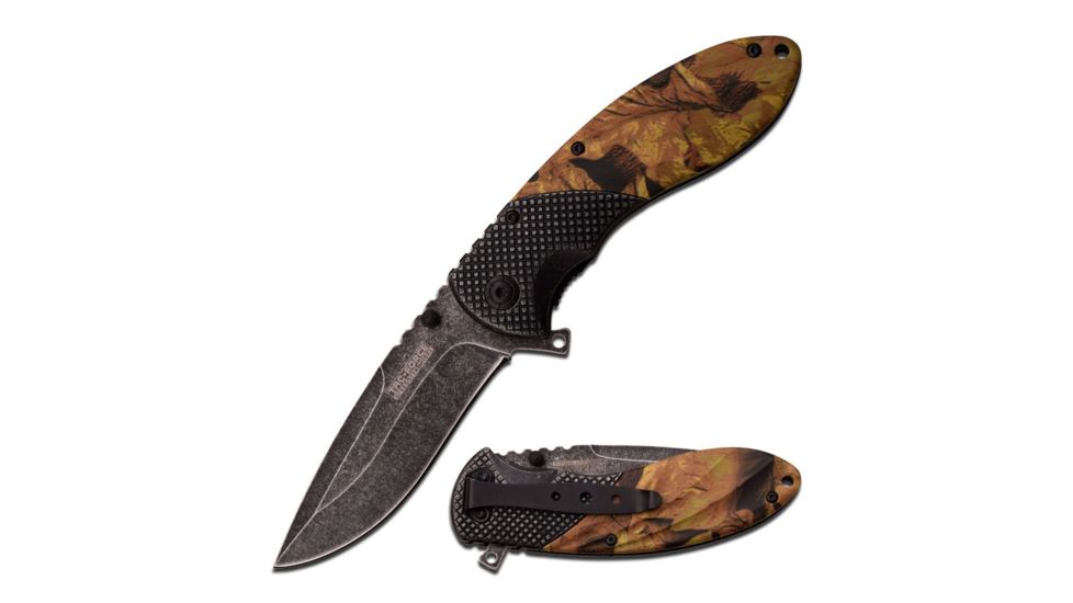 TAC Force Folding Blade, 3.7in, Stainless Steel Blade, Stonewash Stainless Steel And Rainforest Camo Coated Handle TF-911CA